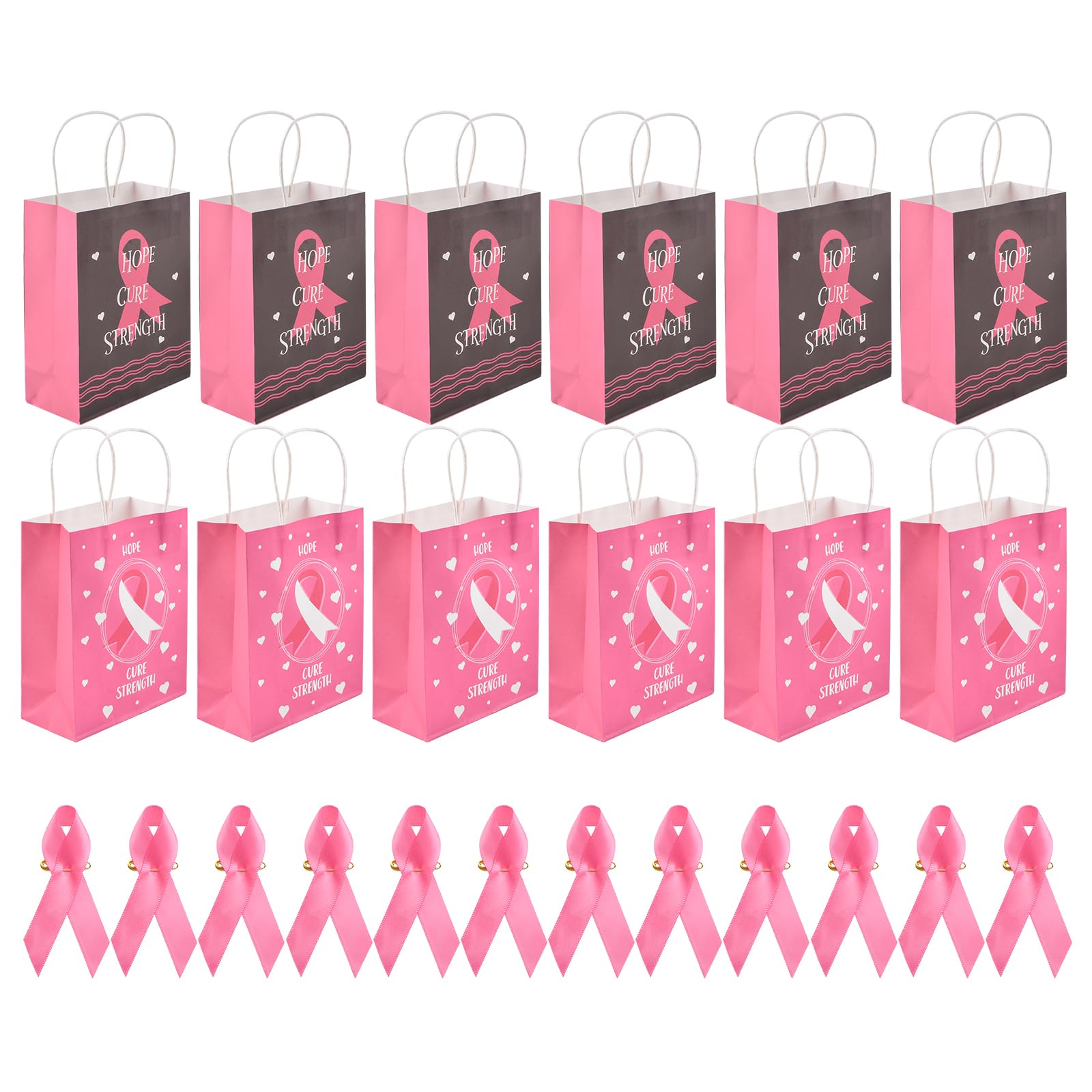 WANDIC 24 Pcs Breast Cancer Awareness Supplies, Including 12Pcs Pink Ribbon Pin & 12Pcs Cancer Free Kraft Gift Bags with Handle for Party Favors