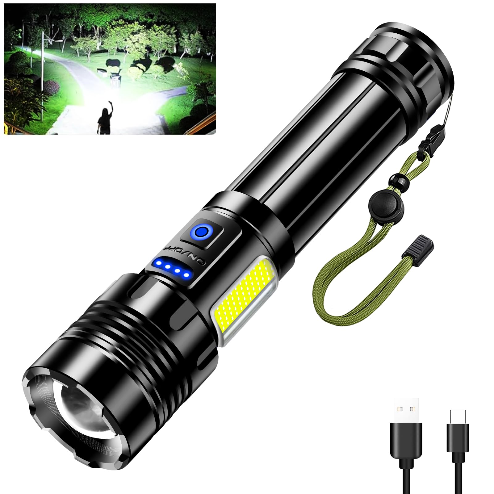 Glarylight LED Rechargeable Torch 600000 Lux, 9 Modes Torches Super Bright, XHP90.2 with COB Side Light, Reverse Charging, Zoomable, IPX7 Waterproof, Powerful Flashlight for Emergency,Camping