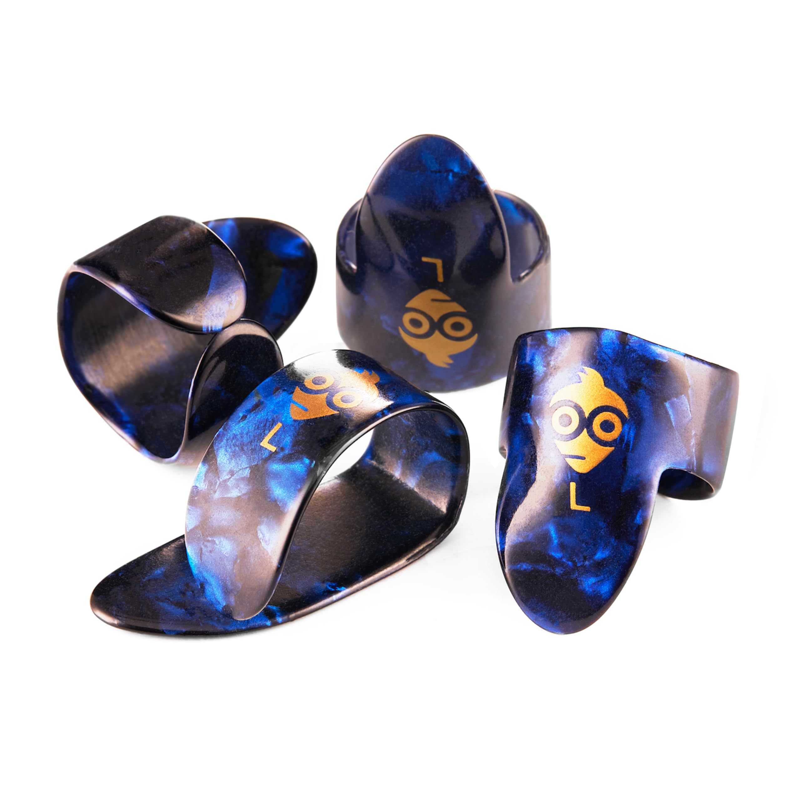 Pick Geek Finger and Thumb Pick Set | 1 x Celluloid Thumb Pick | 3 x Celluloid Finger Picks | Medium Size | Blue Tortoiseshell Colour | Includes Draw-String Bag for Safe Keeping