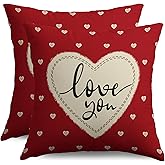 Smozenith Valentines Day Pillow Covers 18X18 Set of 2, Red Cream Heart Print Love You Valentines Holiday Throw Pillowcases Anniversary Decorative Outdoor Farmhouse Cushion Cases Couch Sofa Bed Decor