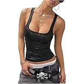 BEAUDRM Women's Y2k Going Out Top Snakeskin Print Square Neck Leather Top Sexy Sleeveless Party Streetwear Tank Top