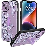 Ufbara Compatible with iPhone 14 Case for Women Men, Cute Flower Floral Pattern, Built in Adjustable Wrist Strap Grip Hand Holder Stand Shockproof Kickstand Cover (Purple)