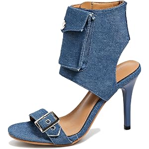 VORTACOYD Women's Denim Pocket Slingback Stiletto Sandals Boots Fashion One Strapy Round Open Toe Comfortable Side Zipper Hig