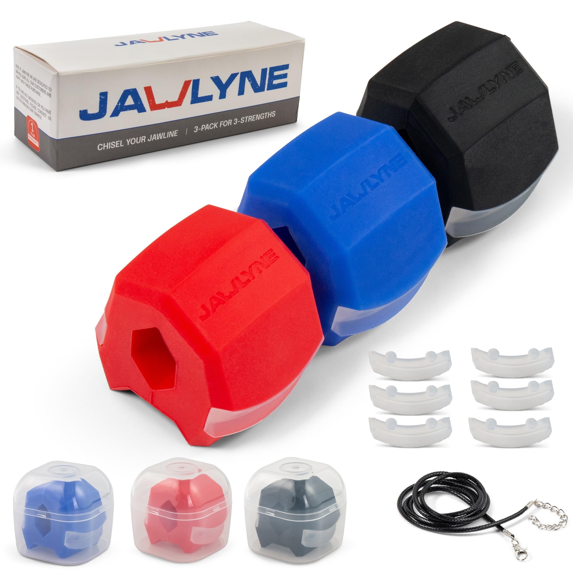 Jawlyne - Jaw Exerciser 3 Pack with 3 Strengths Jawline Toner Exerciser for Men and Women - With Necklace and Storage Containers