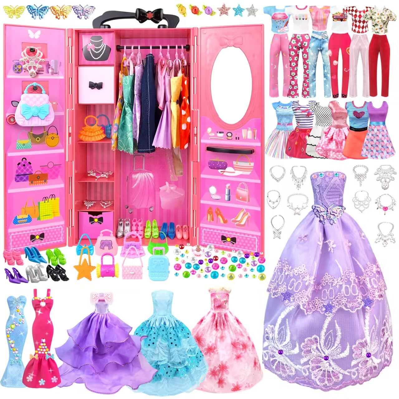 VLUSSO Doll Clothes and Accessories with Closet for 11.5 Inch Doll Fashion Design Set Girl Doll Dress Up Including Wedding Dress Tops and Pants Outfits Shoes Bags Necklaces Toys Gifts for Girls