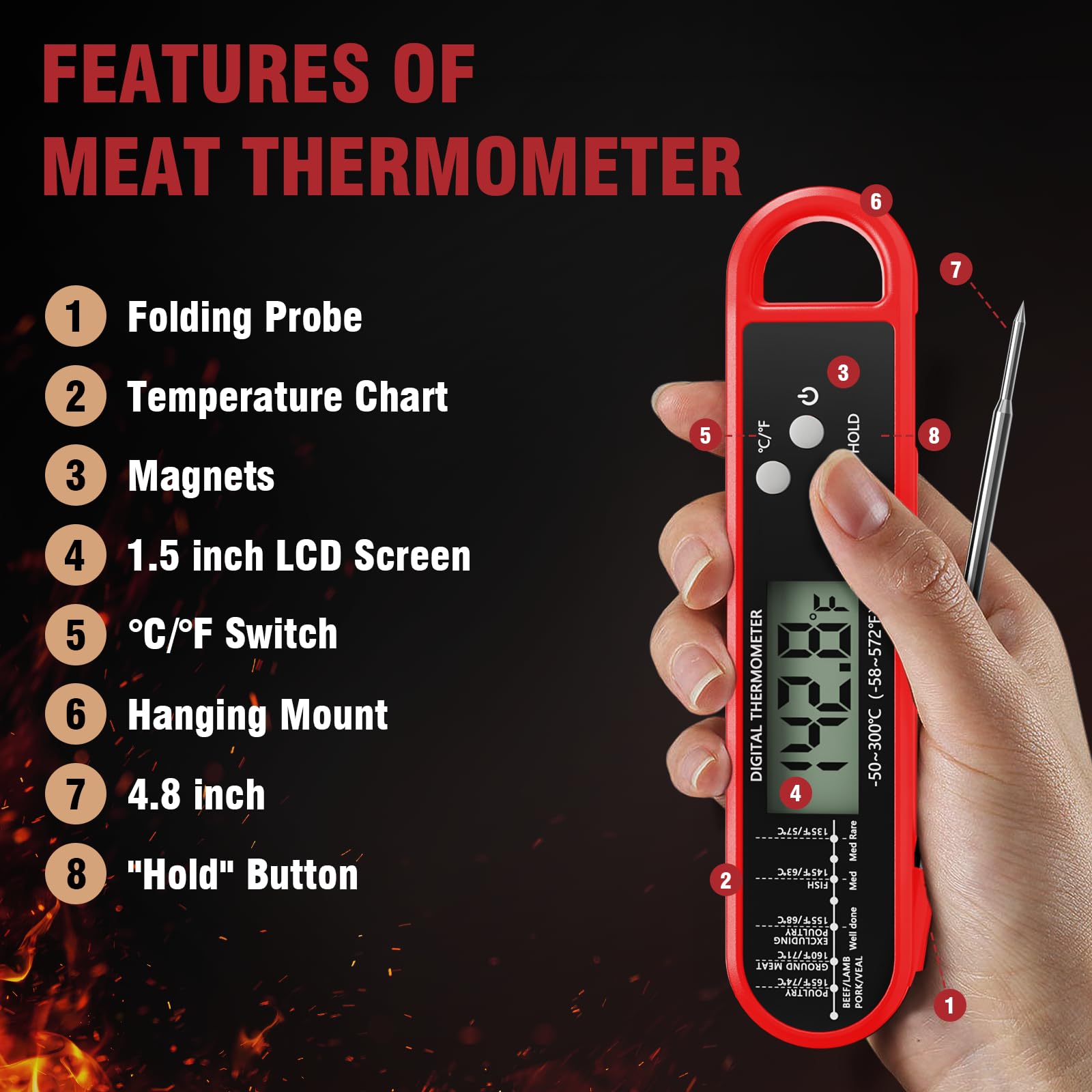RUN HELIX Fleischthermometer Digital Rot，Bratenthermometer，Thermometer kochen，Langer Sonde und LCD Bildschirm, Ausschaltung für Steak, Essen, BBQ, Backen，Wasserthermometer und Kerntemperaturmesser 4