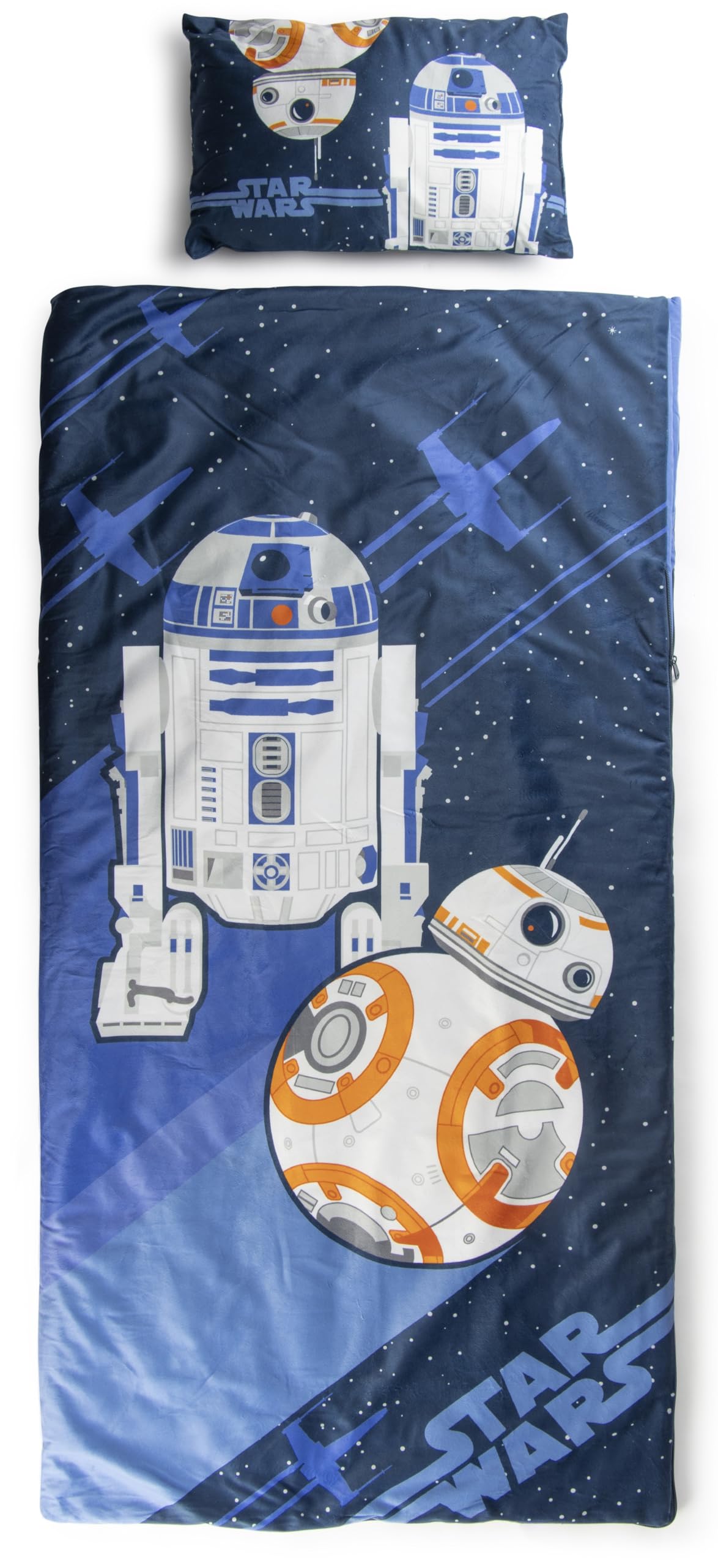 Jay Franco Star Wars Droids Children’s Sleeping Bag & Pillow Set – Cosy (137 x 61 cm) Indoor Slumber Bag (43 x 28 cm) Pillow, Ideal for School Trips & Sleepovers – 2-Piece Set