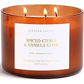 Spiced Citrus Vanilla 3-Wick Fall Scented Large Soy Candle for Home 15.8oz | Warm Sweet &amp; Spicy Aromatherapy Candle, Cinnamon &amp; Sandalwood Notes, Autumn, Winter, Clean &amp; Even Burn, Gift for Women &amp; Men