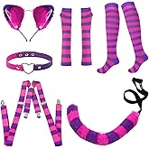 Fleursun Pink and Purple Striped Cat Costume Accessories, Furry Cat Headband and Tail, Halloween Party Dress Up (Set of 6)
