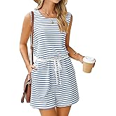Glamaker Womens Rompers for Summer 2025 Striped Shorts Overall Sleeveless Jumpsuits Elastic Waist Beach Outfits with Pockets