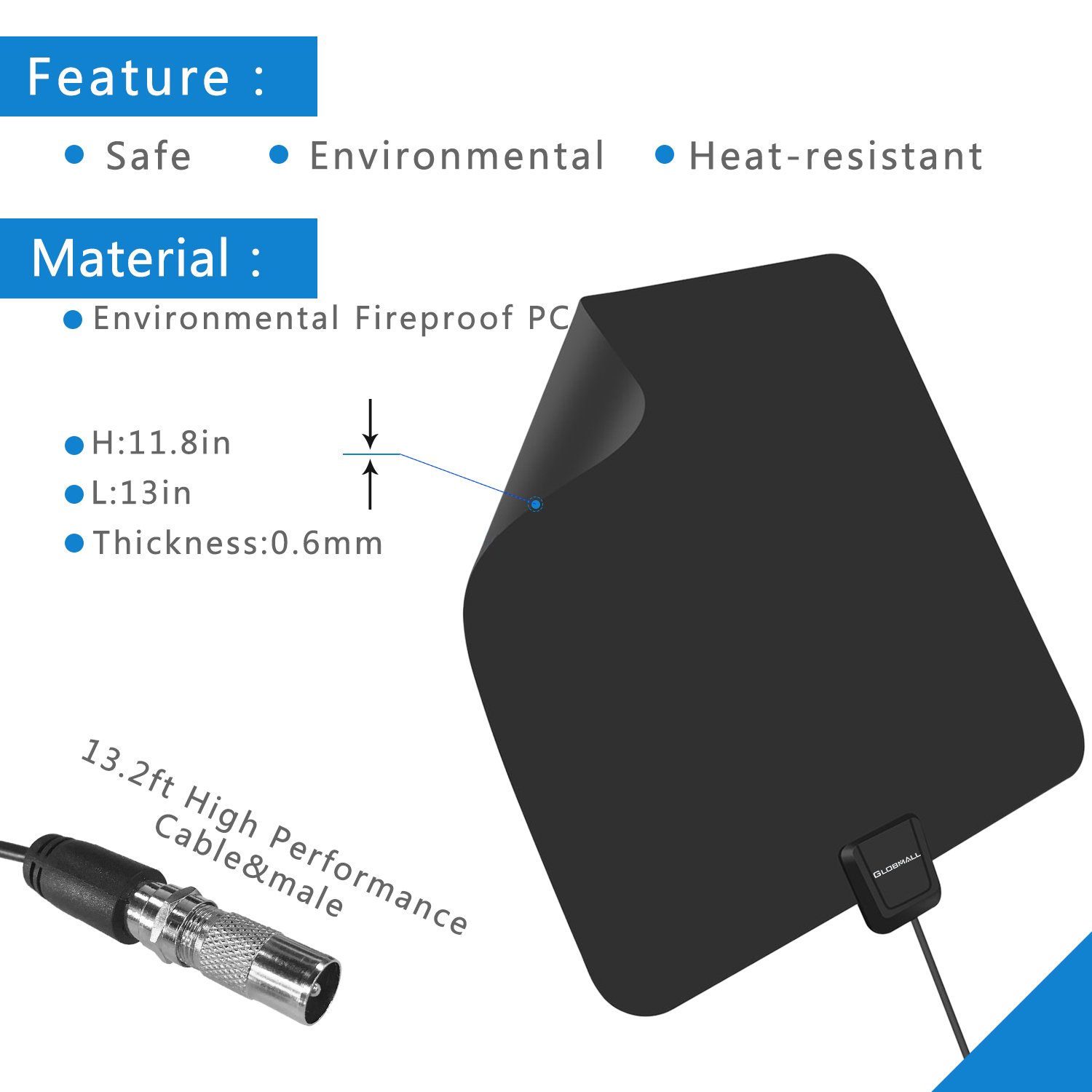 TV Aerial, Globmall Ultra-Thin TV Antenna 50 Miles Distance Detachable Indoor Singal Amplifier Booster, Digital HDTV Aerial 13.2FT Coaxial Cable for Digital Freeview & Analog TV Signals, Soft Design