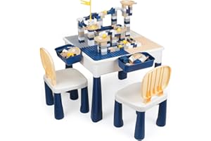 GobiDex 7 in 1 Multi Kids Activity Table Set with 2 Chairs and 100 Pcs Large Size Blocks Compatible with Classic Blocks.Water Table,Sand Table and Building Blocks Table for Toddlers Activity