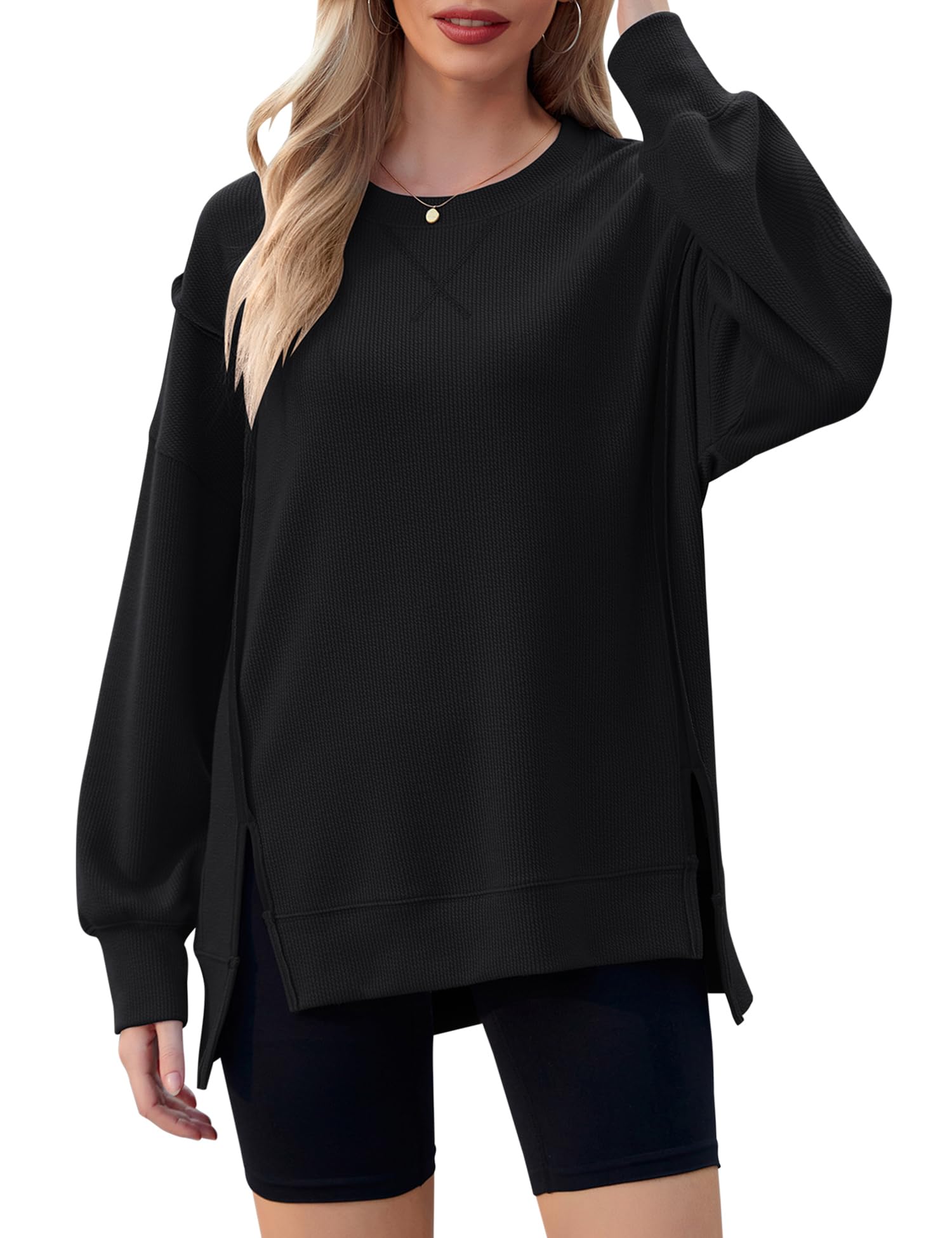 Photo 1 of Micoson Womens Long Sleeve Tunic Tops Round Neck Drop Shoulder Shirts Casual Slit Loose Pullover Tops Fall Streetwear Black L