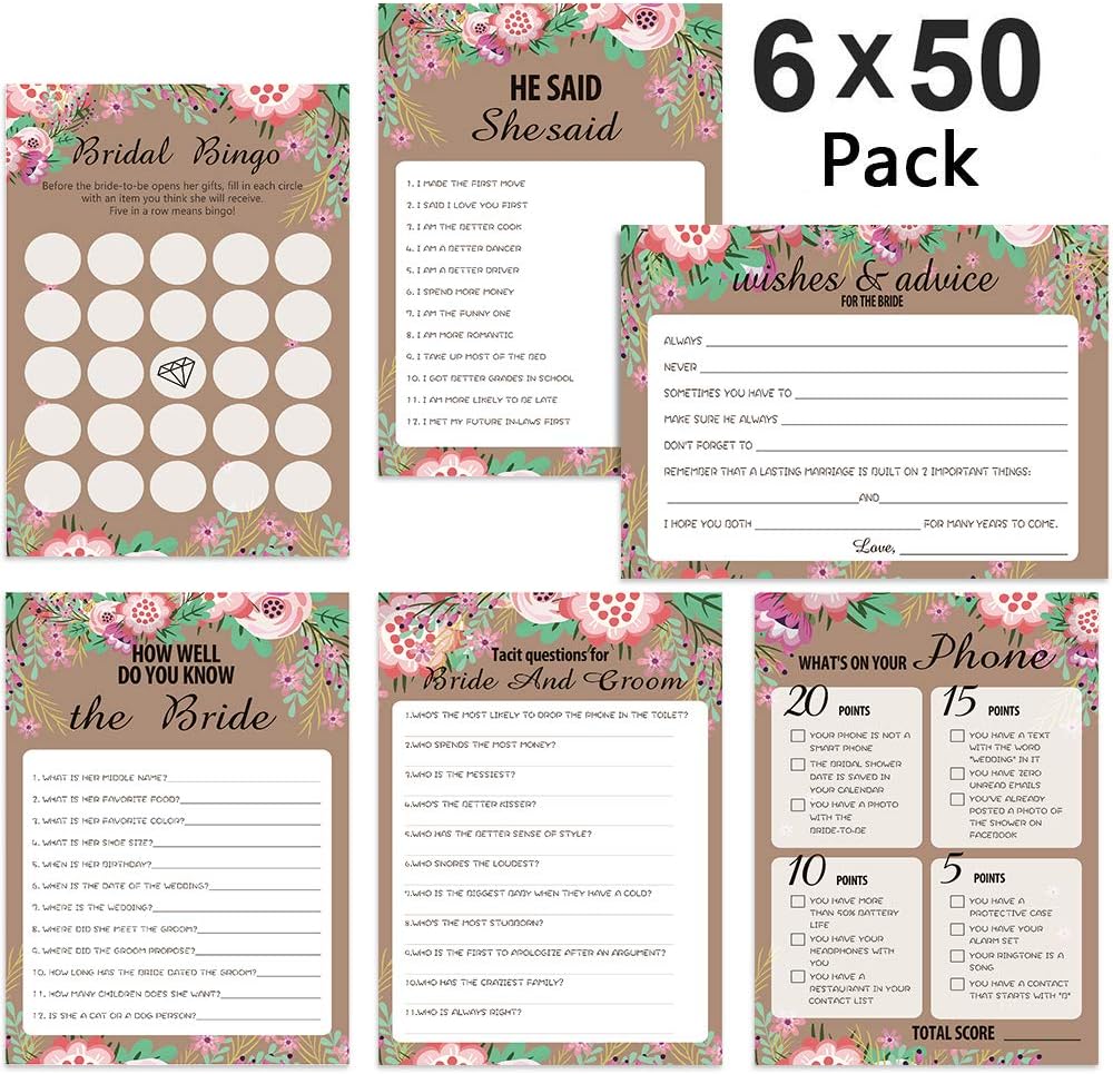 duoduorui Floral Bridal Shower Game Cards - POAO Wedding Card Game 6 Sets Game Party Supplies, 50 Sheets Each Game, 5 x 7 inches, Included Bingo Games, Wedding Wishes, She Said & He Said,