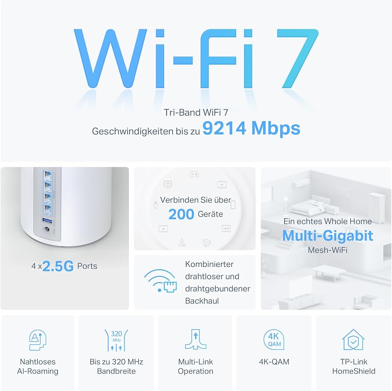Deco BE65 𝐖𝐢-𝐅𝐢 𝟕 Mesh WLAN Set (2er-Pack), BE9300 Tri-Band Router und Repeater (6 GHz, 2.5 Gbit/s Ethernet Port, 9 Gbps WLAN Geschwindigkeit, WPA3, 320 MHz Kanäle)