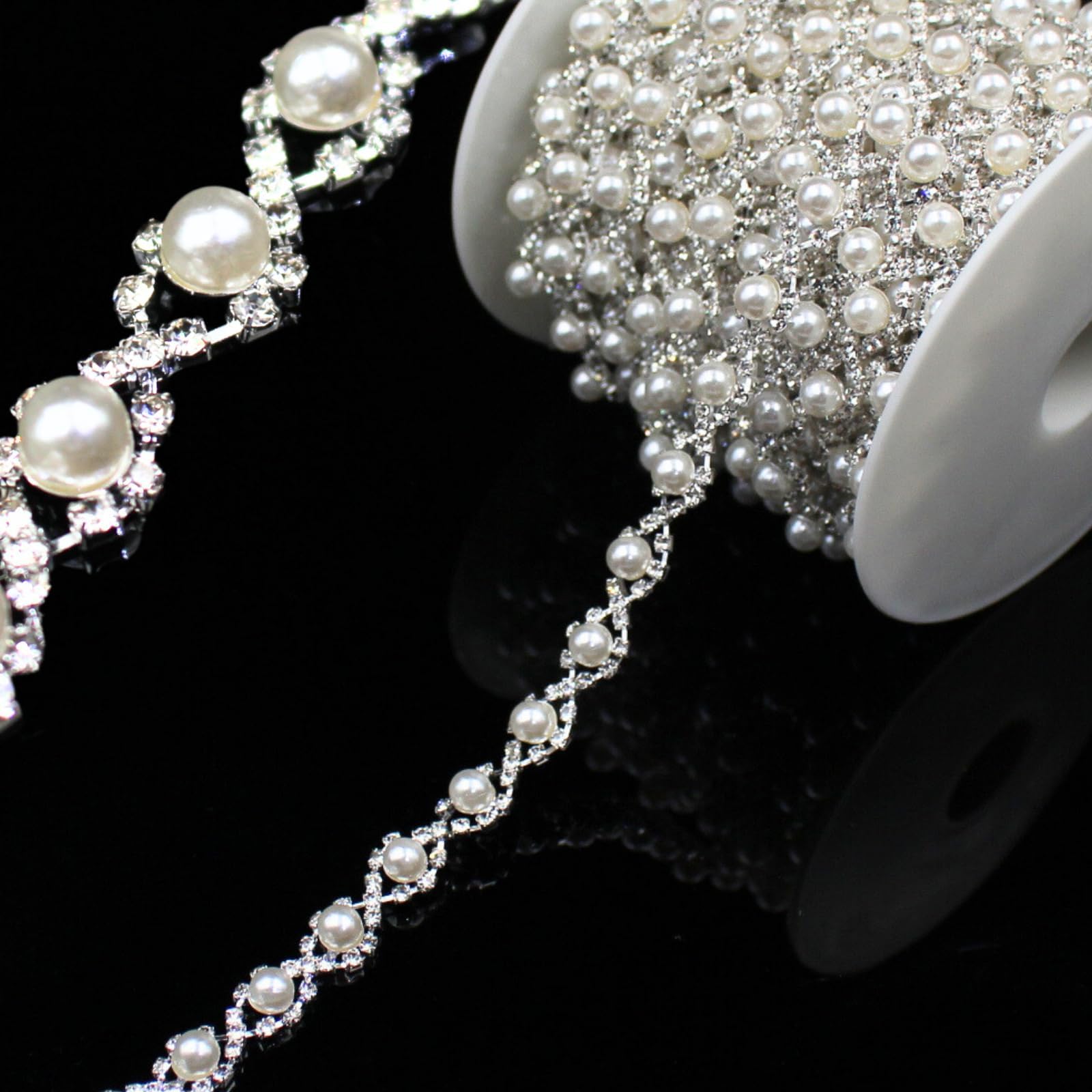 Photo 1 of 1 Yard Pearl Trim Chain Rhinestone Silver String Crystal Applique Fringe Ribbon Strips Beads Sewing Dress DIY Party Wedding Bouquet for Decoration Bridal Costume Embellishment