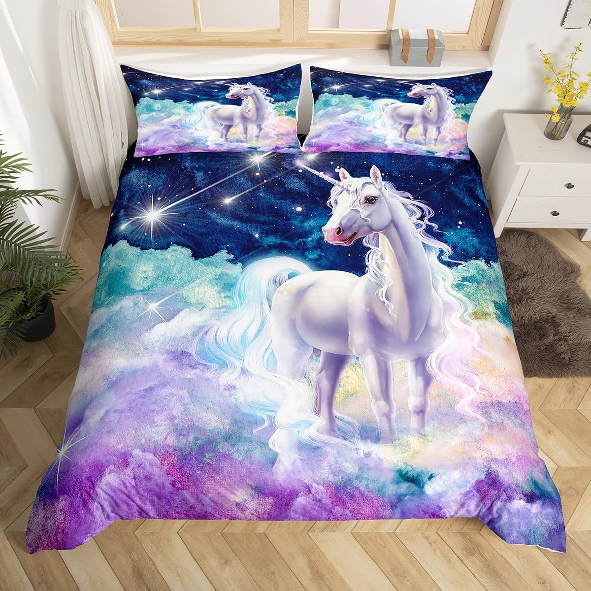 Loussiesd Galaxy Unicorn Duvet Cover Set Cute Unicorn Bedding Set for Kids Girls Cartoon Unicorn Comforter Cover Kawaii Animal Quilt Cover Duvet Cover King Size