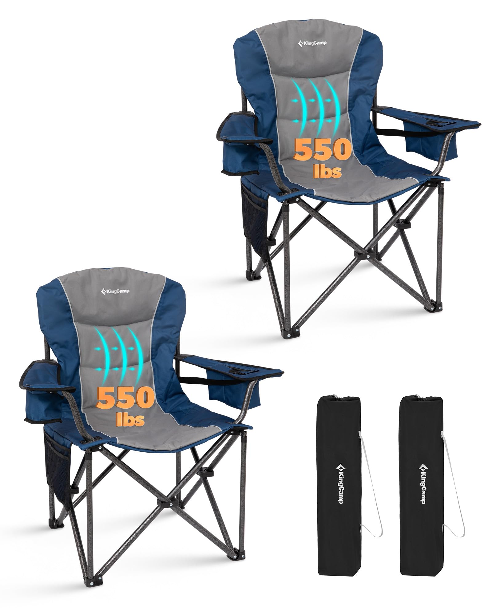 KingCamp Oversized Camping Chair with Adjustable Lumbar Support, 550lbs Heavy Duty Padded Folding Lawn Chair for Adults, Outdoor Armchair with Cooler Bag, Cup Holder & Side Pocket for Fishing, Travel Image