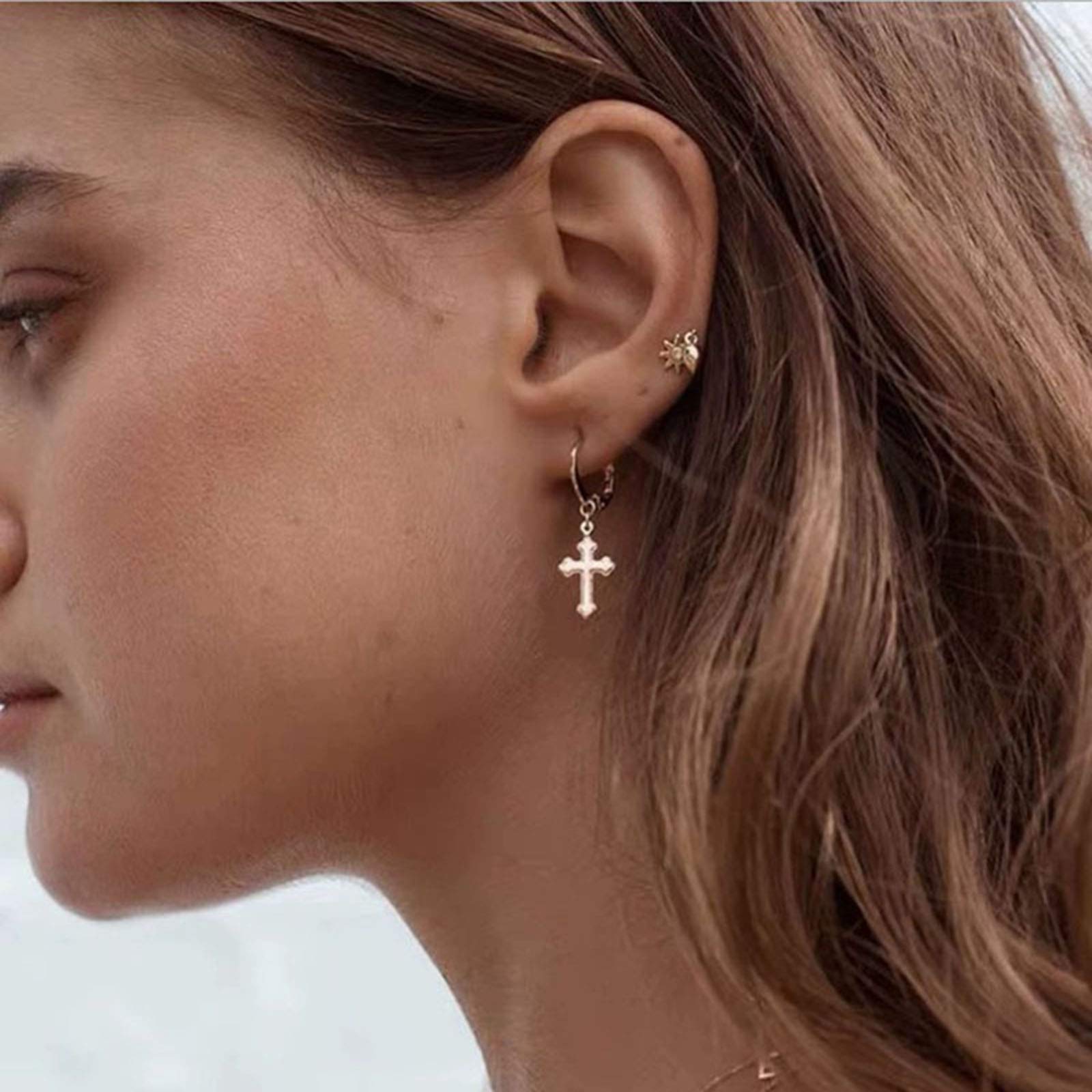 Yienate Fashion Cross Pendant Cuff Earrings Stud Dainty Dangle Ear Drop Earrings for Women and Girls (Gold)