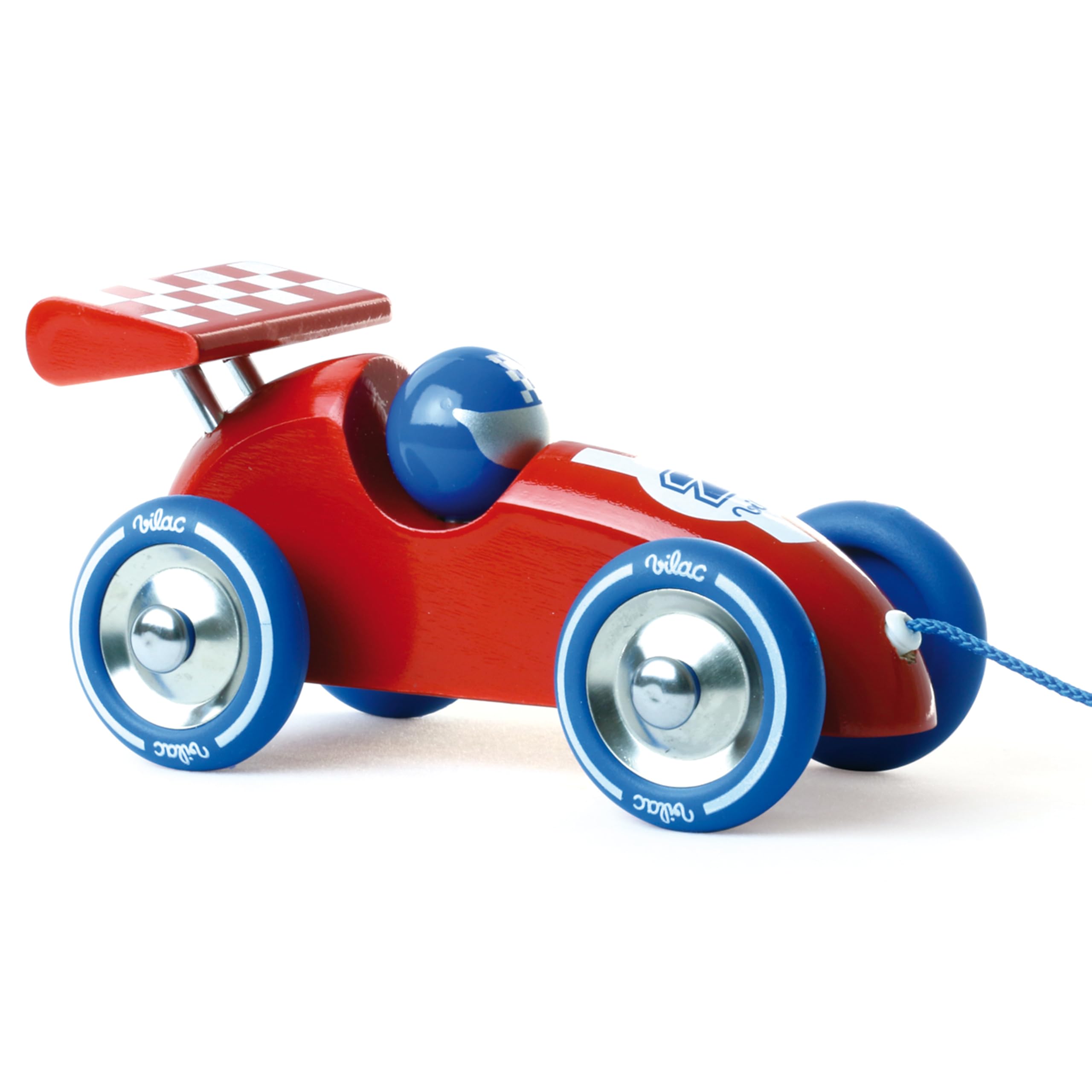 Vilac Wooden Pull Along Racing Car, Pull Toy with String, Made In France, Vintage Design, Comes In Box Great for Gifting, 16 x 9 x 9 cm, Suitable for 18 Months+, Red and Blue — image 1
