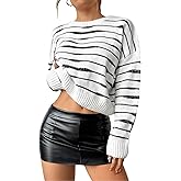 WDIRARA Women's Striped Crop Sweater Crewneck Long Sleeve Loose Knit Pullover Sweater Tops