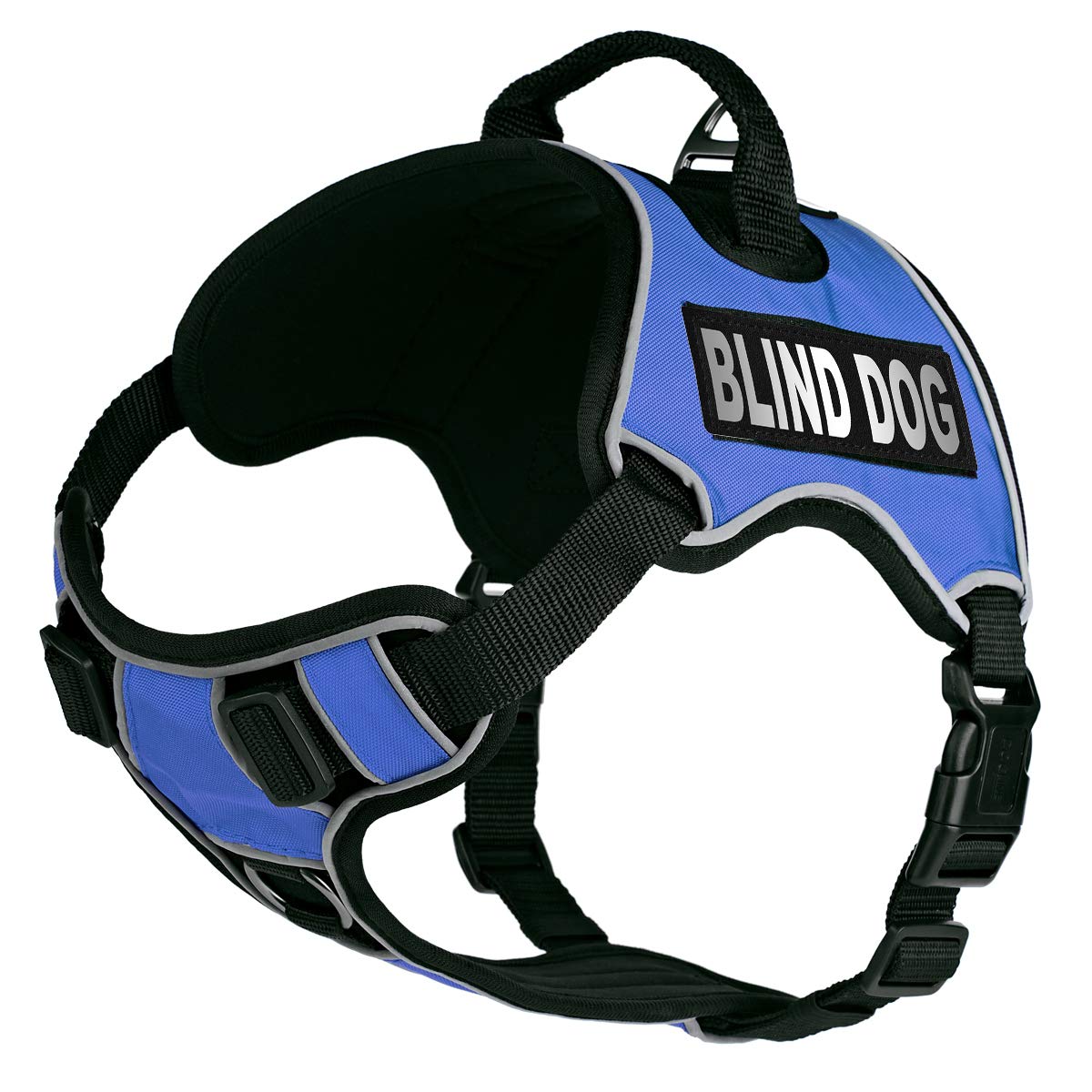 Dogline Quest No-Pull Dog Harness with Blind Dog Reflective Removable Patches Reflective Soft Comfortable Dog Vest with Quick Release Dual Buckles Black Hardware and Handle 32 to 40 inches Blue