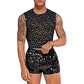 WDIRARA Men's 2 Piece Outfit Rhinestone Sequin Lace Mesh Crop Tank Top and Shorts Set