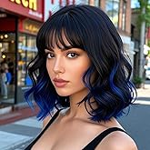 Veally Black Mixed Blue Bob Wig with Bangs for Women Shoulder Length Bob Curly Synthetic Wigs with Natural Wavy Black Mixed Brown Heat Resistant Wig for Daily Party Use