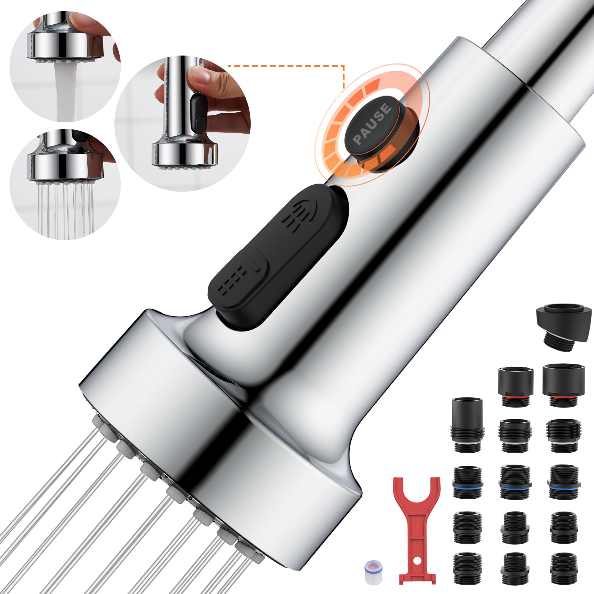 Photo 1 of TIORIY Kitchen Faucet Spray Head Replacement with 15 Adapters, Plastic Spray Nozzle for Kitchen Faucet 3 Modes, Compatible with American Standard Faucets, Pause Mode (Chrome)