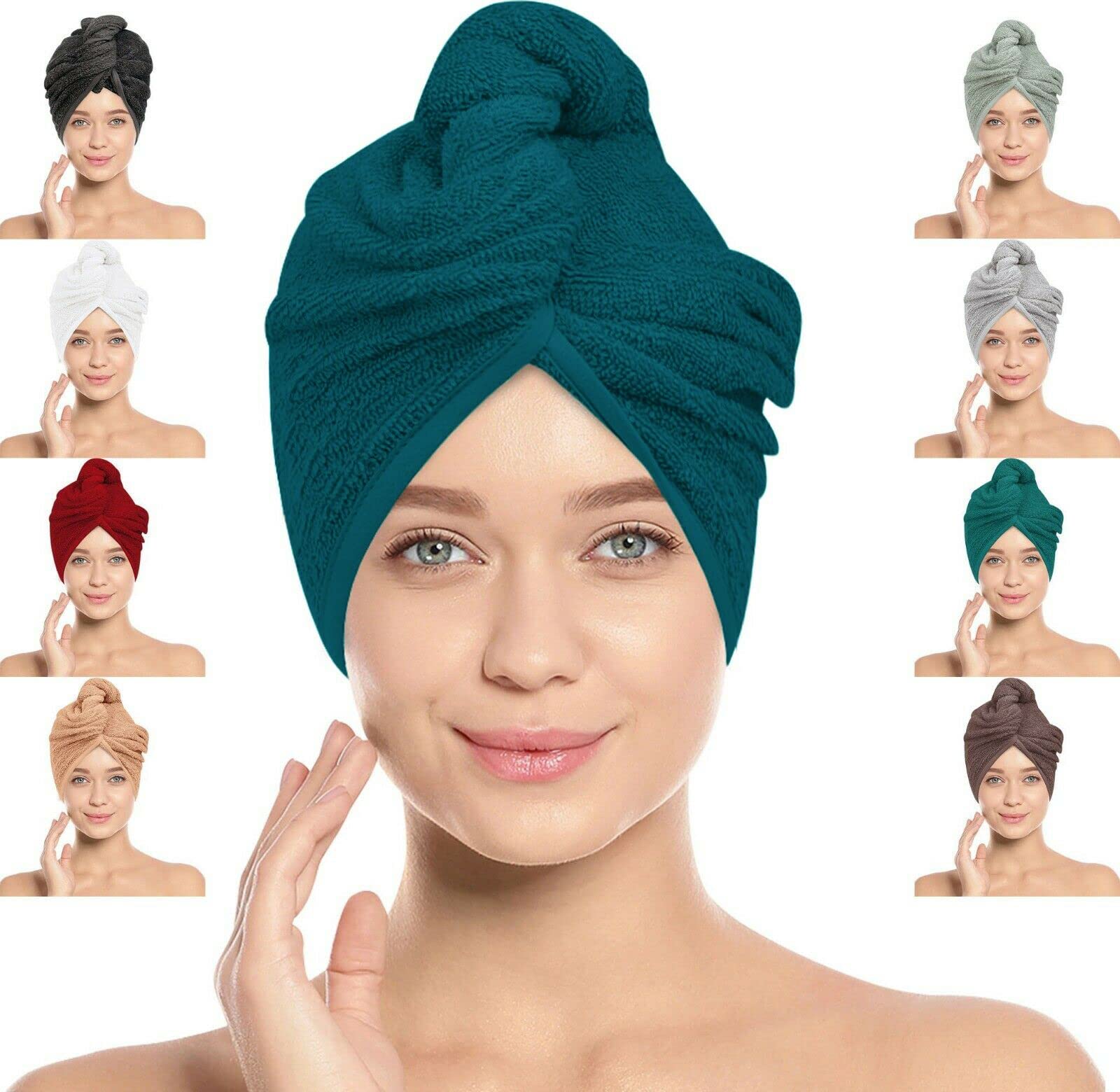 LOOM KNIT Hair Towel Wrap Turban, Instant Drying 100% Cotton Hair Cap Super Quick Absorbent Anti-Frizz Twist Toweling Dry Hat with Button and Loop for Long Curly Hairs, 64 x 24CM