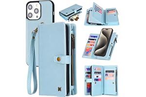 QIXIU Faux Leather Flip Wallet Case for iPhone 13 Pro Max,Multifunctional 2 in 1 Magnetic,Lanyard Strap Wristlet,Zipper,Card Holder(Light Blue)