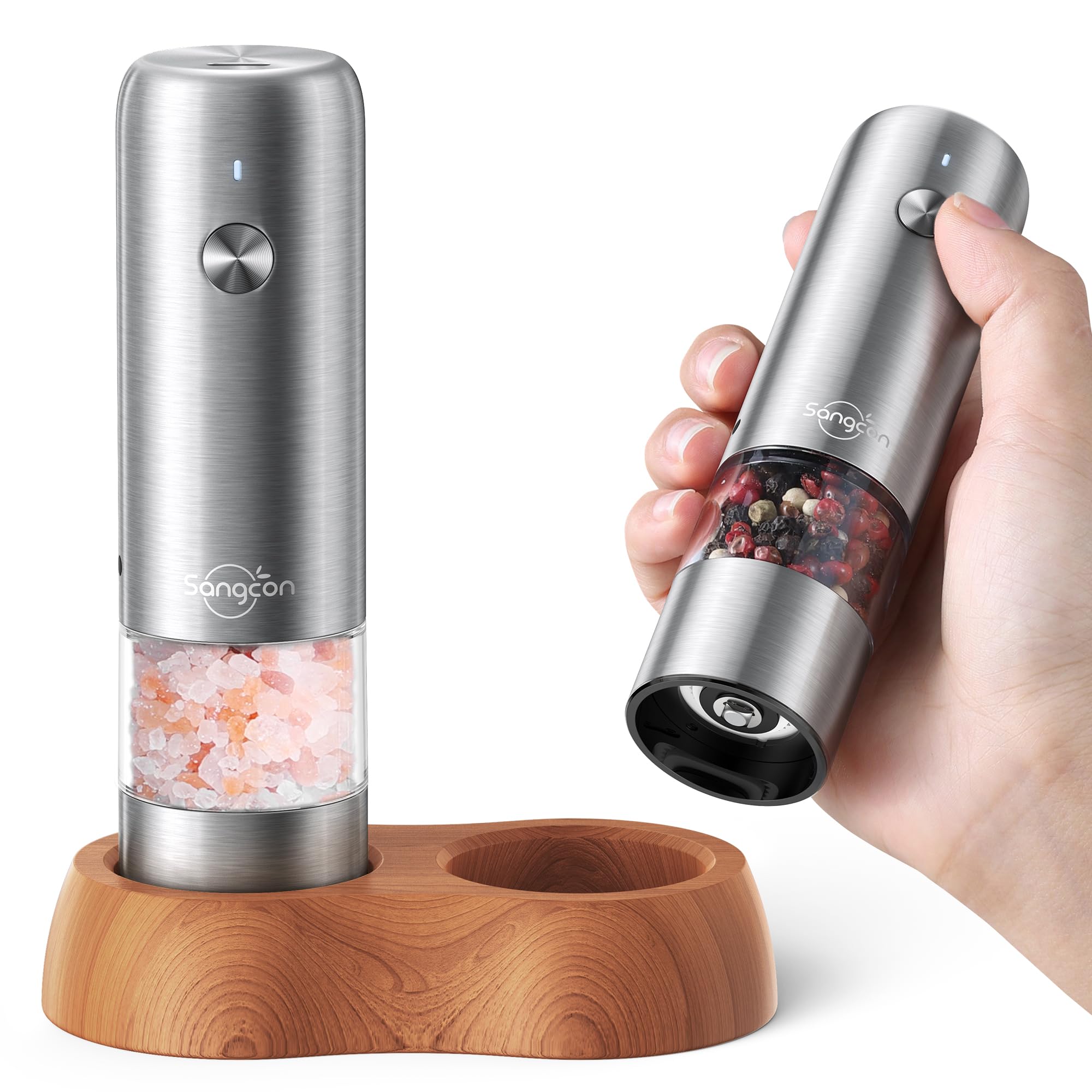 Sangcon Mini Electric Salt and Pepper Grinder Set with Wood Base, Portable USB Rechargeable Children's Pepper Mill, 5 Strengths Adjustable Small Automatic Salt Pepper Mill Grinder Stainless Steel