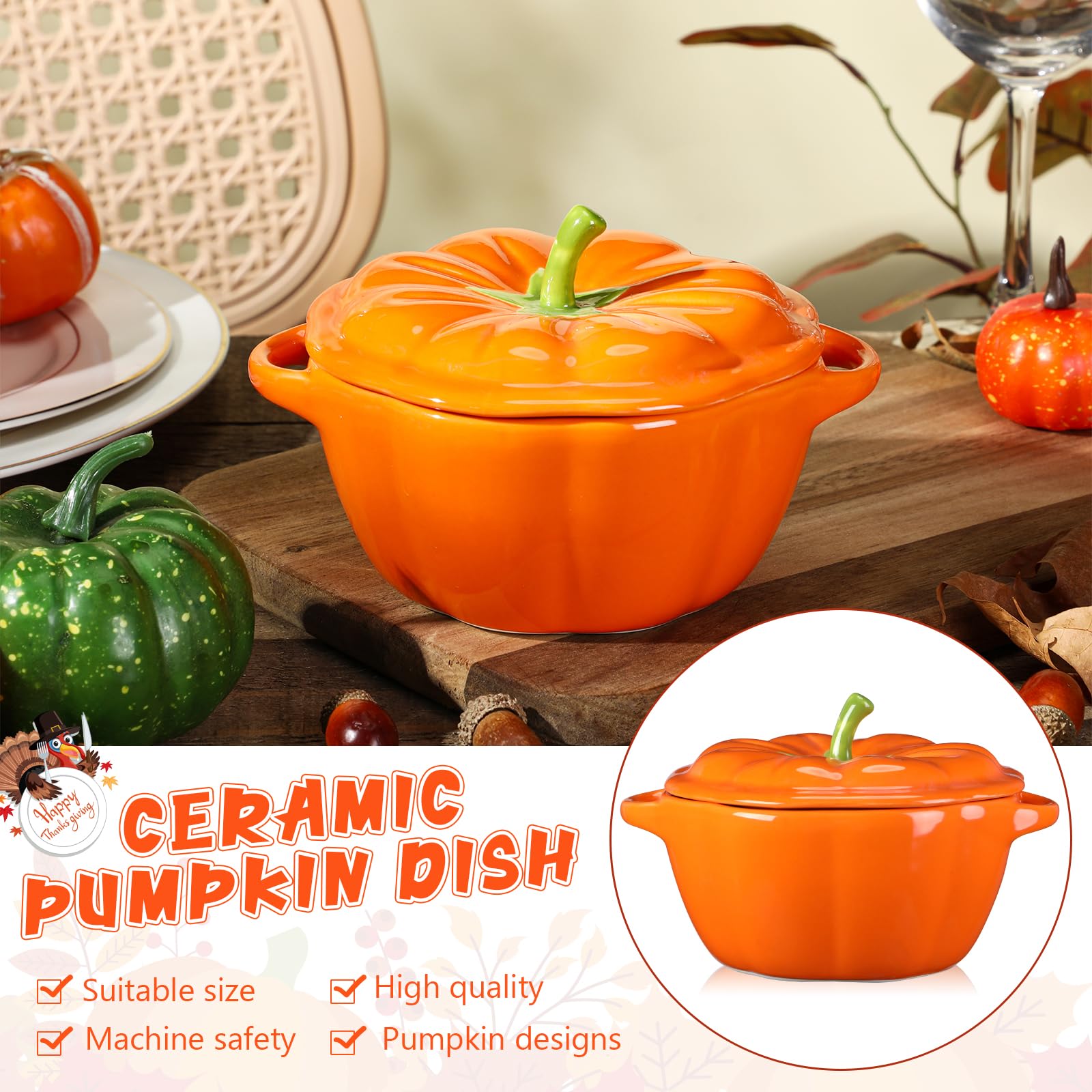 2 Pcs Pumpkin Bowls Ceramic Pumpkin Dish 13 oz Casserole Cookware Serving Pot Safe Oven Pot with Lid and Handle for Fall Halloween Thanksgiving Autumn Cooking Baking Dessert