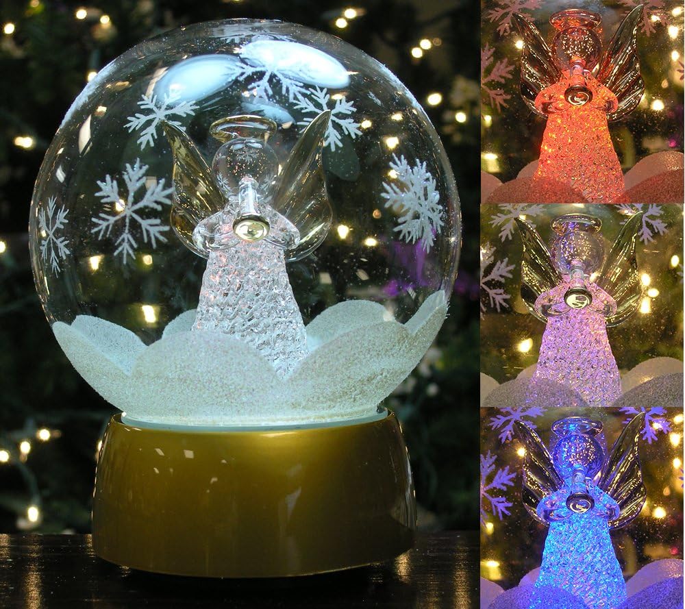 Snow Globes - LED Angel Musical Christmas Decoration on Rotating Base Clear Glass Globe with Snow and Snowflakes Spun Glass Angel Playing Horn Color Changing Lights Wind up Musical