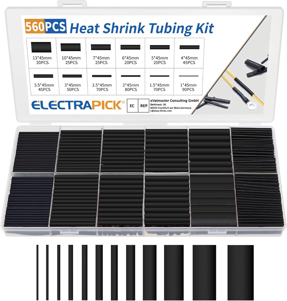 ELECTRAPICK 560 Pcs Heat Shrink Tubing Kit 12 Sizes 2:1 45mm Black