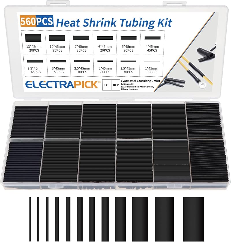 ELECTRAPICK 560 Pcs Heat Shrink Tubing Kit 12 Sizes 2:1 45mm Black