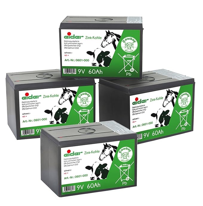 Eider Sparpack: 4X Weidezaun Batterien 9 Volt mit 60 AH - als 4er-Set kaufen und Sparen - für 9 Volt Weidezaungeräte - Qualität Zum Günstigen Preis