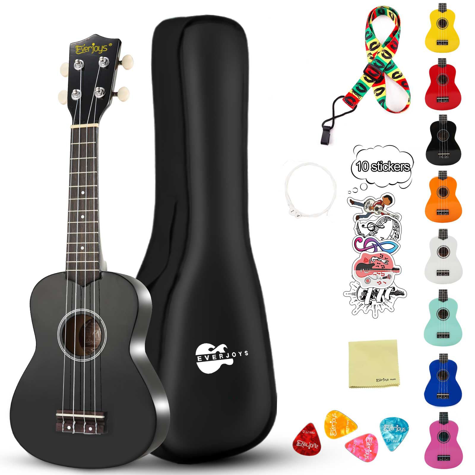 Soprano Ukulele Beginner Kit for Kids Adult Student w/Free Online Lesson 21 Inch Ukelele Gig Bag Strap String Stickers Pick Polishing Cloth, Rainbow Series Ukalalee(Shinny Black)