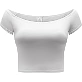 OThread & Co. Women's Off Shoulder Short Sleeve Crop Top Comfy Basic Stretch Layer Shirt