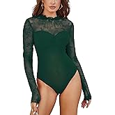 Pasgreson Women's Sexy Lace Sheer Mesh Bodysuit Long Sleeve See Through Going Out Tops Party Night Out Romper Club Outfits