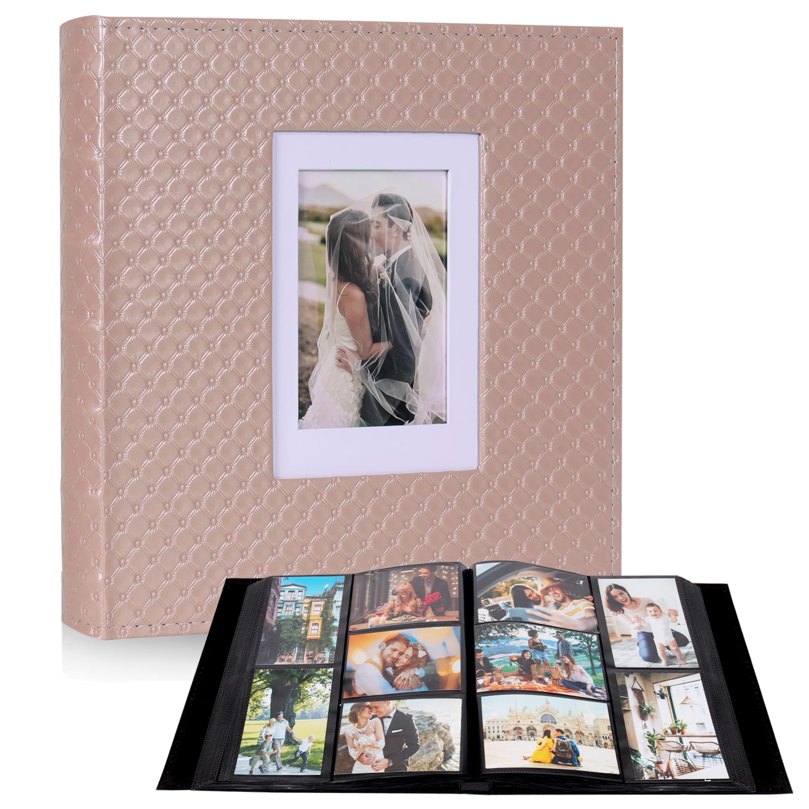 RECUTMS Photo Album 4x6 600 Photos Black Inner Page Button Grain Leather Big Capacity Pockets Pictures Album Birthday Christmas Photo Albums Wedding Anniversary (Light Champagne)