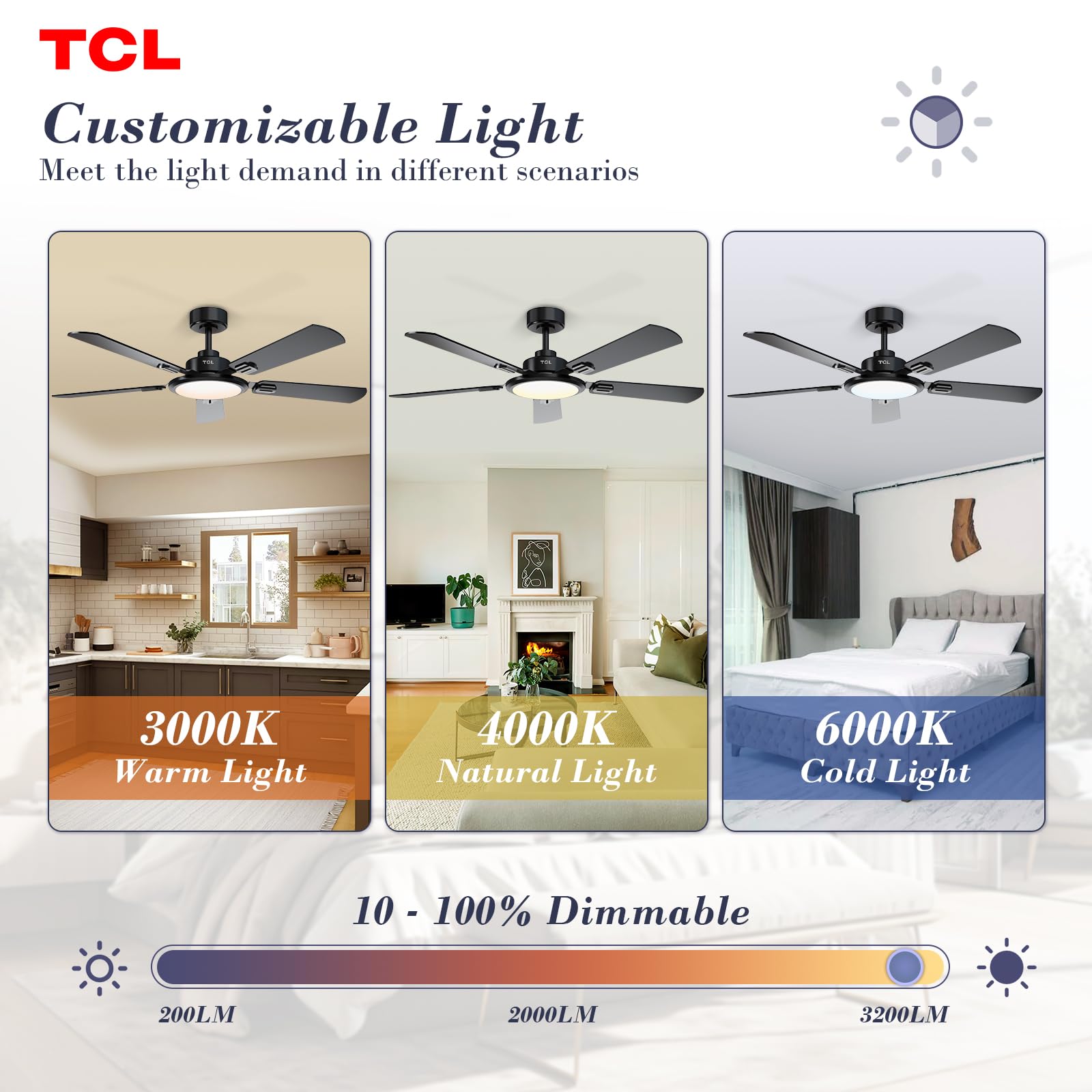 TCL Ceiling Fans with Lights, 52 Inch Ceiling Fan with Light and Remote Control, Reversible DC Motor, Noiseless, Dimmable 36W LED, Modern Ceiling Fan for Bedroom Living Room (Black)