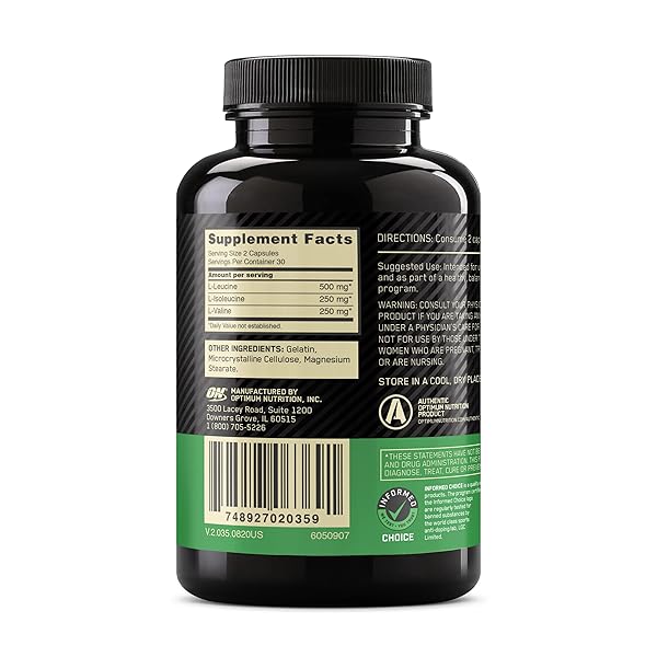 OPTIMUM NUTRITION INSTANTIZED BCAA CAPSULES, KETO FRIENDLY BRANCHED CHAIN ESSENTIAL AMINO ACIDS, 1000MG, 60 COUNT