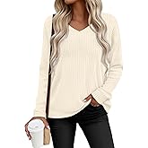 Velvelhall Women's V Neck Sweater Long Sleeve Knit Oversized Shirt Loose Lightweight Fall Casual Pullover Sweater Top