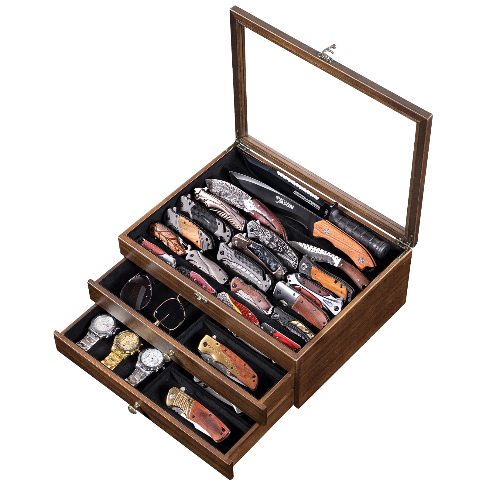 Photo 1 of Large Knife Display Case, 3-Tier Pocket Knife Organizer and Storage Box with Transparent Lid & Drawer, for Folding Knife and Dagger Collections, Ideal Men's Gift(Walnut)