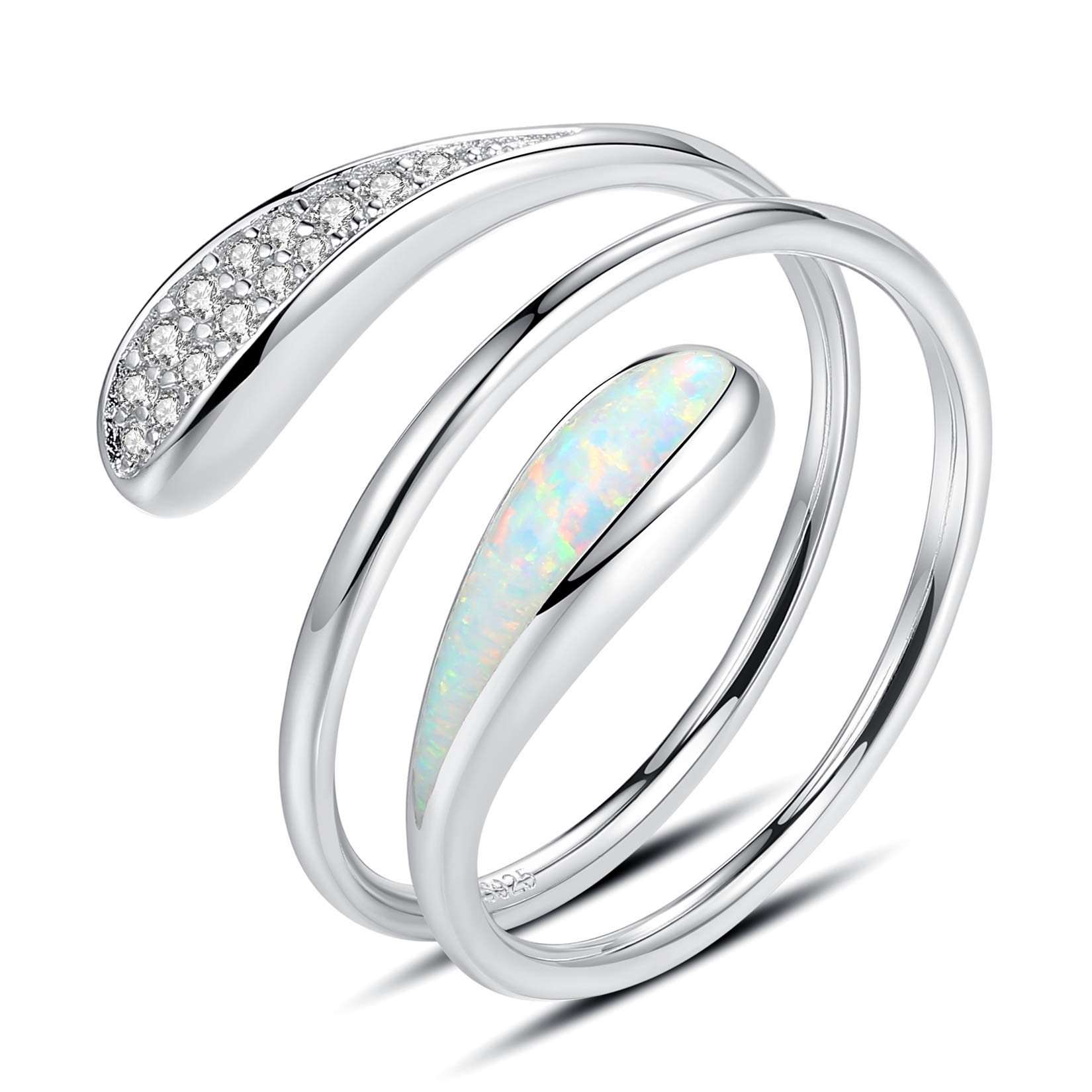 VIKI LYNN 925 Sterling Silver Open Opal Helix Stacking Ring with Cubic Zirconia Spiral Rings for Women