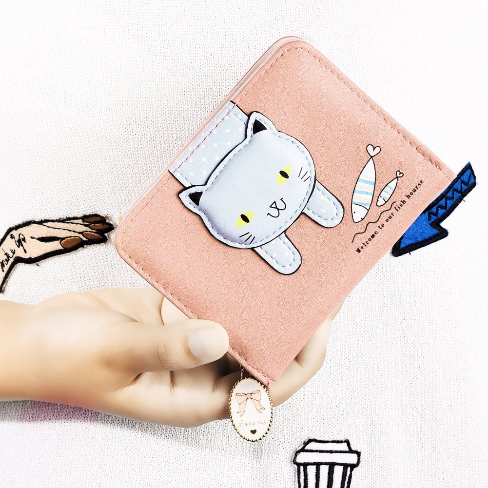 Vbiger Geldbörse Mädchen Kleine Geldbeutel Portemonnaie Damen Niedliche Katzen Muster Geldbörse für Kinder Pink
