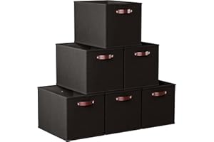 Ornavo Home 13 x 15 x 13 Kallax Storage Cube Bins, Foldable Collapsible Fabric Storage Bins Box Linen Shelf Basket Cube Organizer for Closet with Leather Handles, 6 Pack, Black