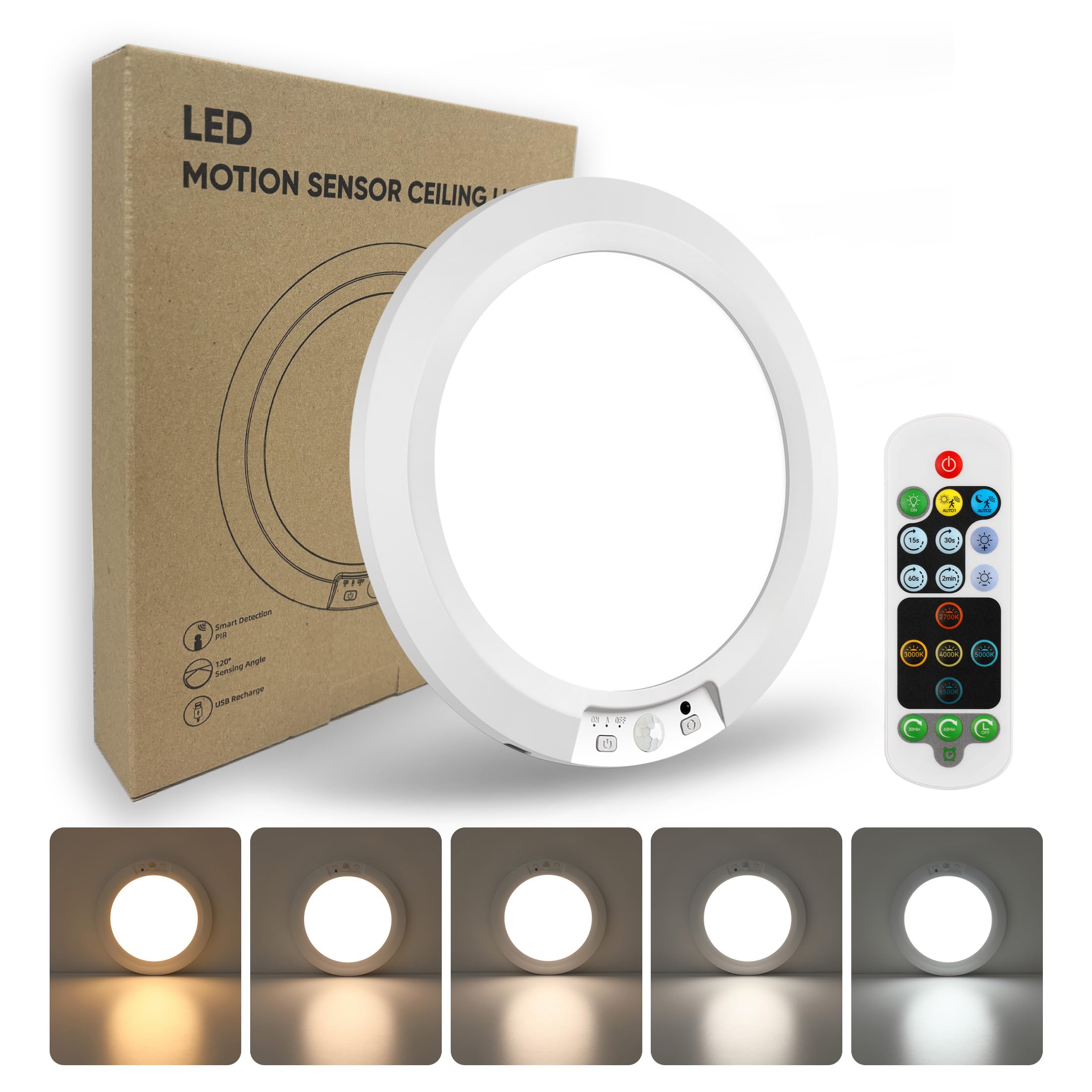 Photo 1 of APCENS Ultra-Thin Rechargeable Motion Sensor Ceiling Light with Remote, 8000mAh Battery, Dimmable, Timer, 5 Color Temperatures, Magnetic Ceiling/Wall Mount for Stairs, Closet, Hallway(1, 7.5inch)
