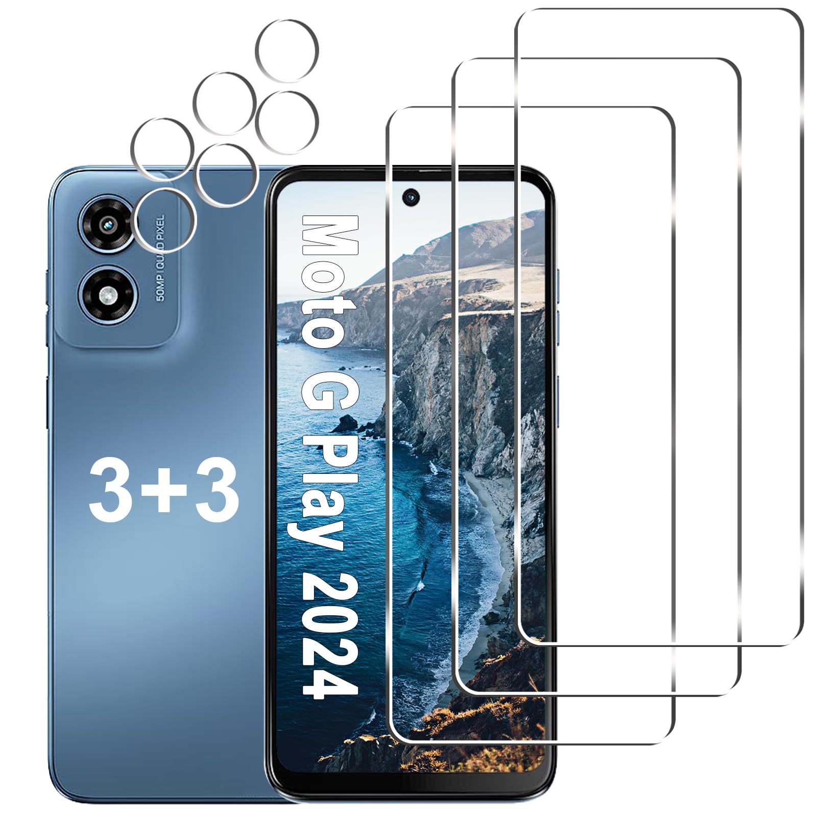 Gliansen [3+3 Pack] Moto G Play 2024 Screen Protector + Camera Lens Protector, 9H Tempered Glass, Anti Scratch, Easy Installation, Bubble Free, HD Screen Protector for Motorola Moto G Play 2024